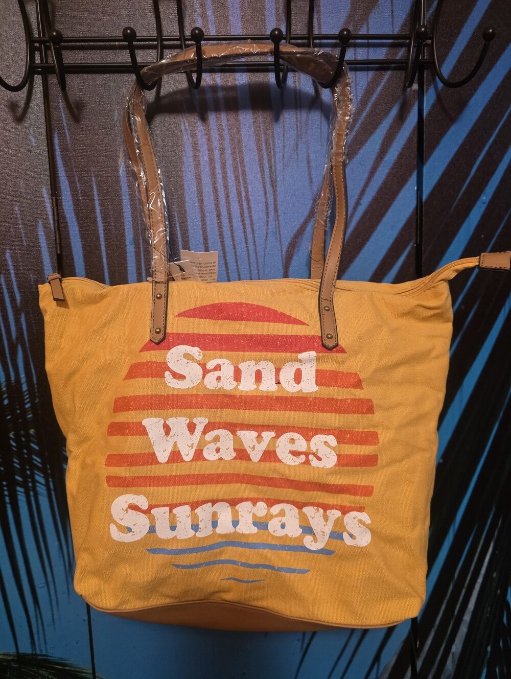 Yellow 'Sand Waves Sunrays' Canvas Tote Bag with Tan Handles